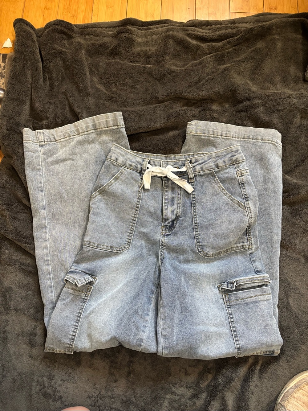 Womens Light Blue Denim Cargo Jeans with Drawstring Waist